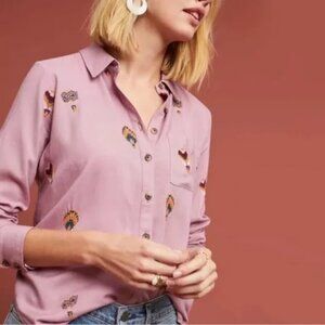 Anthropologie Pink Embroidered Hot Air Balloon Button Down Shirt 6